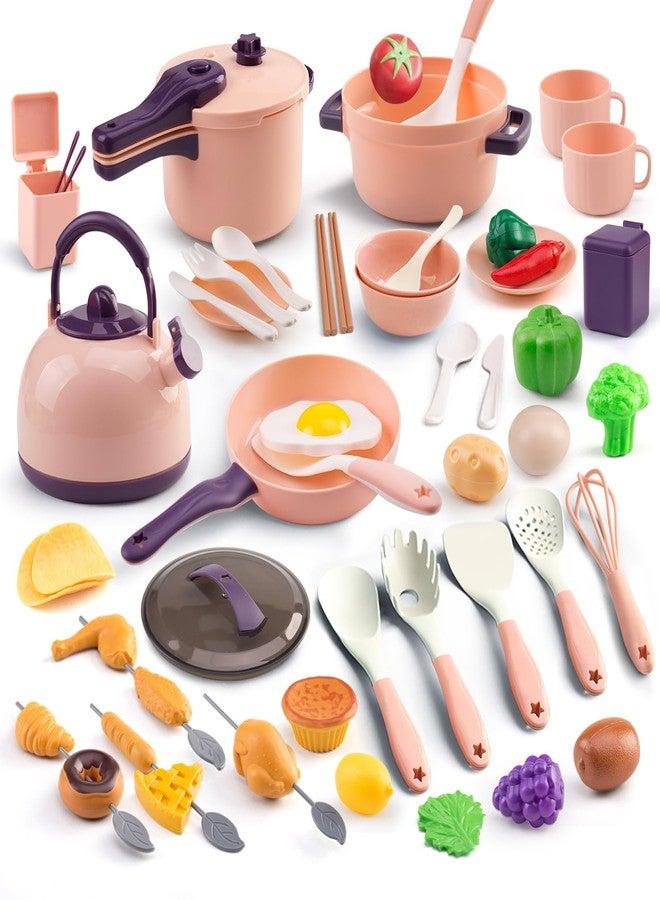 Zero Zoo 60Pcs Kids Mini Play Kitchen Accessories, Pretend Cooking Play Set with Cookware, Tableware & Fruit & BBQ Sets, Learning Gift for Boys, Girls, Toddlers,Pink - Image 2